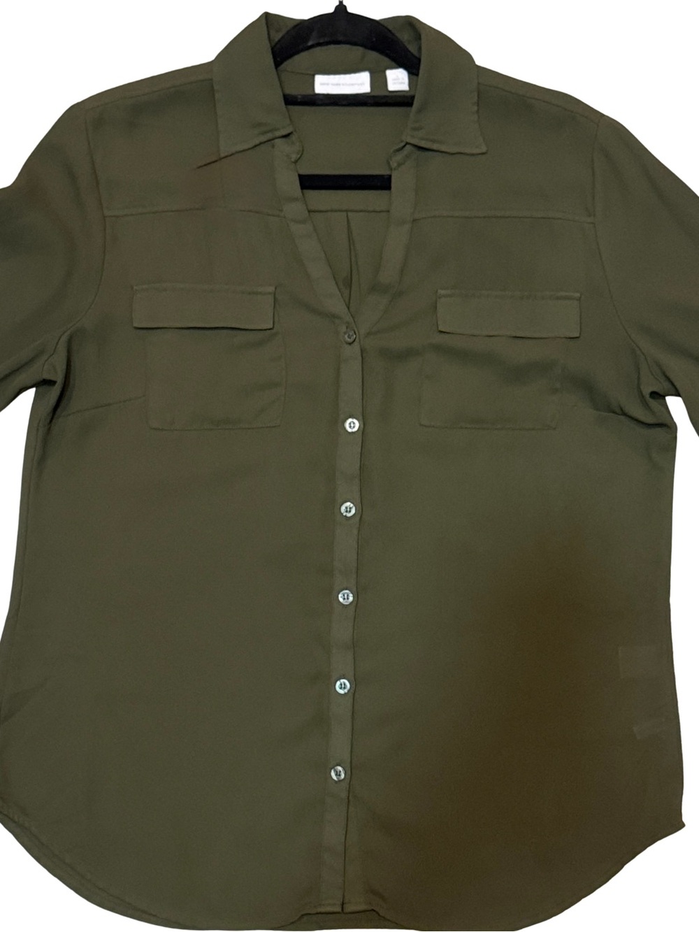 New York & Company Olive Utility Button-Front Blouse